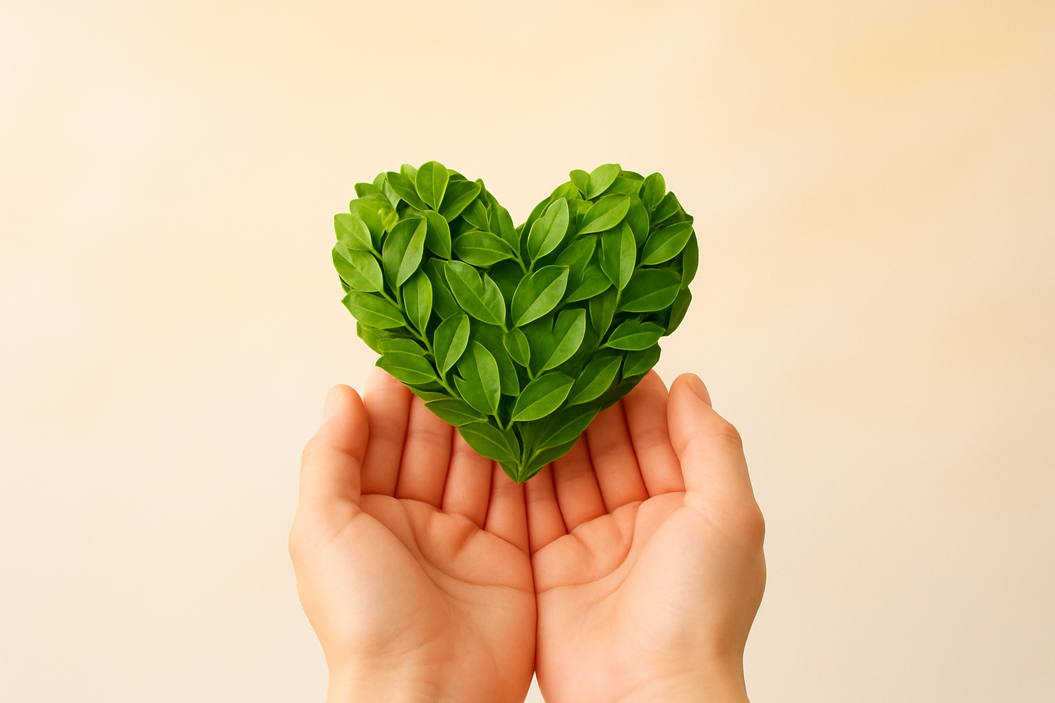 Ein freundliches, minimalistisches Kategoriebild für eine Spenden-Seite. Ein Herz aus grünen Blättern, das von zwei Händen gehalten wird. Im Hintergrund sanftes Licht, warme Farben, naturverbunden, positive Stimmung. Moderner clean E-Commerce-Look