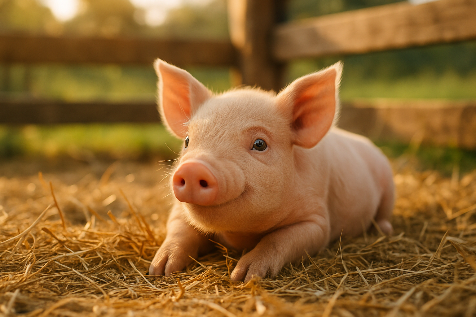 Ein realistisches Foto eines glücklichen rosa Hausschweinchens, das im Stroh liegt. Warmes Sonnenlicht, sanfte Farben, natürlicher Hintergrund eines kleinen Gnadenhofes. Das Schweinchen wirkt zufrieden und neugierig, mit freundlichem Gesichtsausdruck.