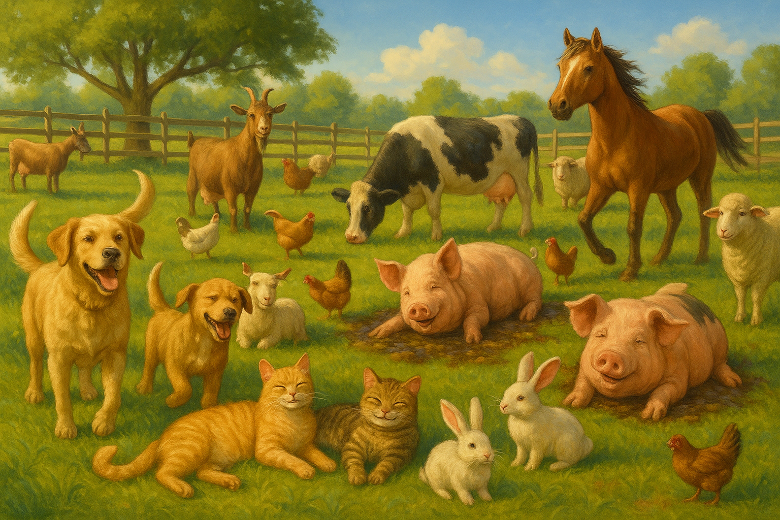 mache ein bild mit glücklichen Tieren. Hunden Katzen Kühe Schweine Hasen und sonstigen Tieren welche wir retten