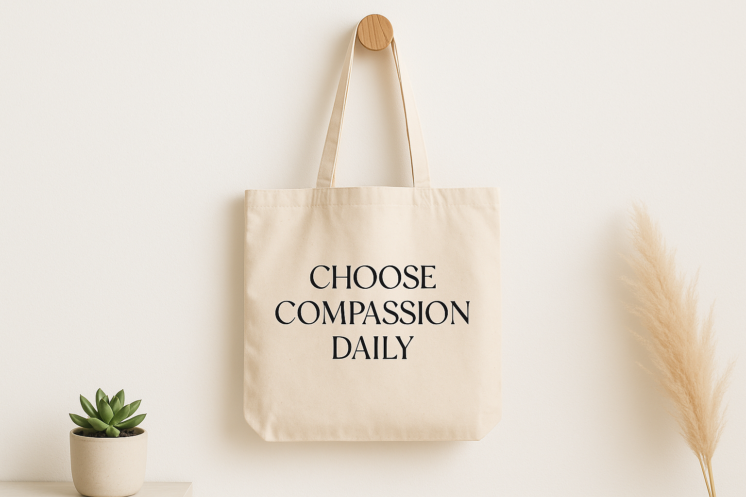 Minimalistisches Produktfoto einer naturfarbenen Bio-Stofftasche haengend an einem Holz-Haken, Aufdruck „Choose Compassion Daily“ in schwarzer moderner Typo. Heller Hintergrund, dezente Pflanzen-Props, cleanes E-Commerce-Mockup.