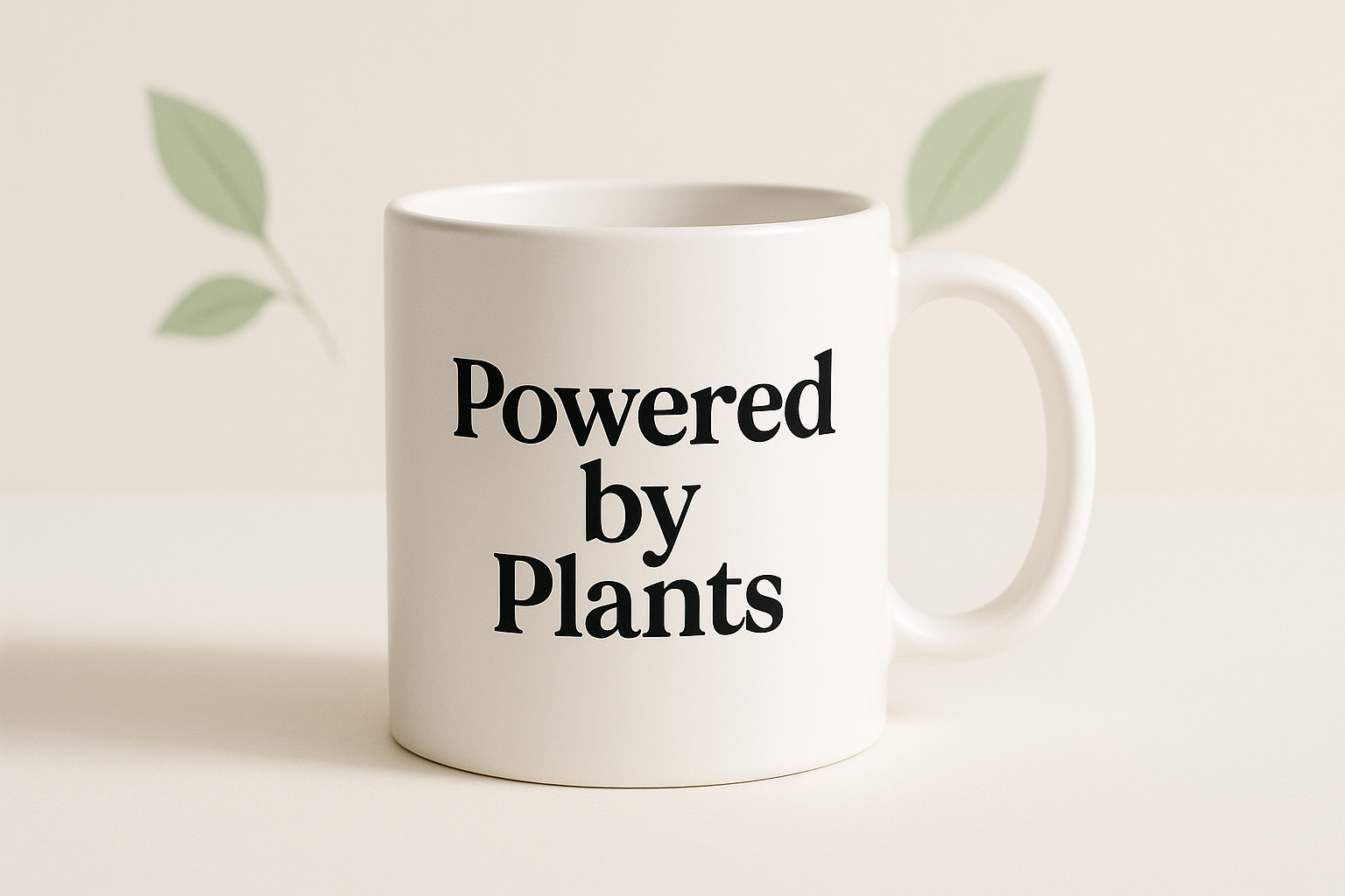 Minimalistisches Produktfoto einer weissen Keramiktasse (330 ml) auf hellem Hintergrund. Aufdruck „Powered by Plants“ in moderner schwarzer Typo, dezente gruene Blattelemente im Hintergrund, weiches Tageslicht, cleanes E-Commerce-Mockup, zentriert, hohe Schaerfe.